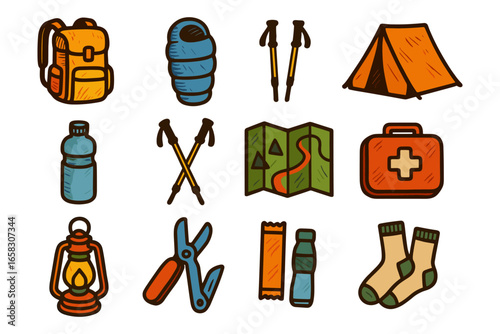 Colorful hiking gear icons for outdoor adventures and camping essentials