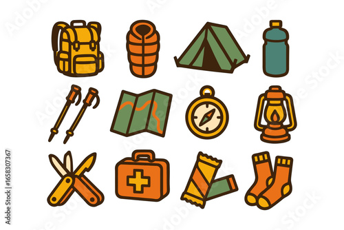 Colorful camping and hiking gear icons for outdoor adventures