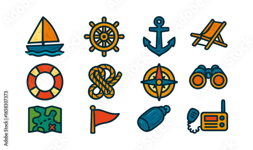 Nautical icons set featuring anchor, ship wheel, and map for marine adventures