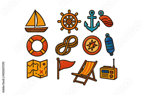 Colorful nautical icons set with summer and beach elements