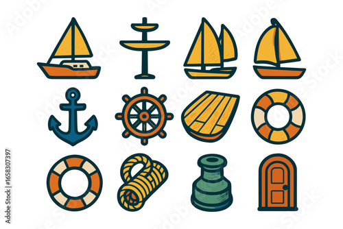 Colorful nautical icons collection: sailboats, anchors, lifebuoys, and more for maritime themes