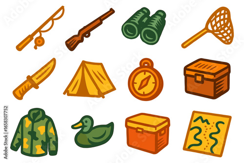 Outdoor adventure gear with camping items in hand drawn style