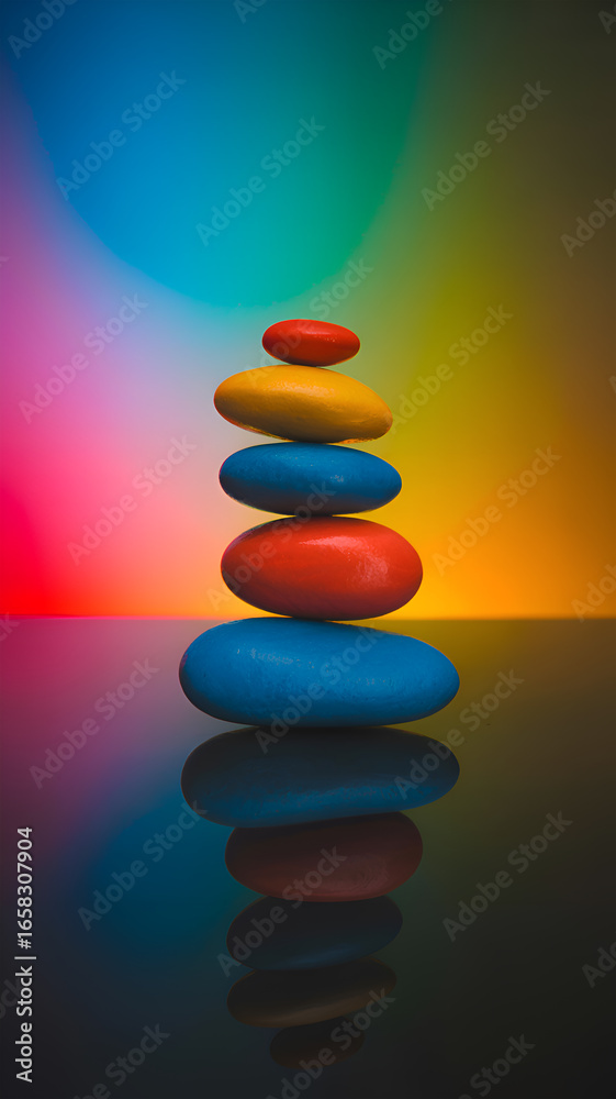 Obraz premium Stacked Colorful Zen Stones with Rainbow Gradient Background