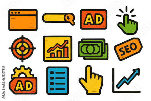 Hand-drawn digital marketing icons with seo and analytics symbols