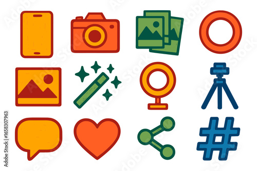 Colorful icons of camera, photos, and social media elements in flat design