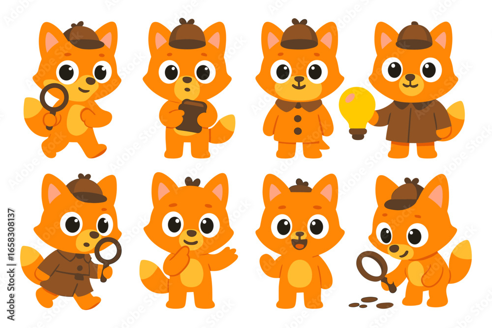 Obraz premium Cute detective fox characters in various poses and outfits
