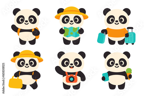 Cute cartoon pandas traveling with luggage and maps