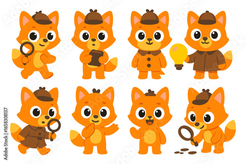 Cute detective fox characters in various poses and outfits
