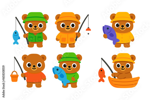 Cute cartoon bears fishing with colorful hats and fish