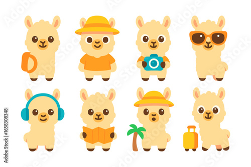 Cute cartoon llamas on vacation with camera and sunglasses