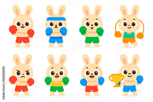 Cute cartoon rabbits in boxing gear engaged in various sporty activities
