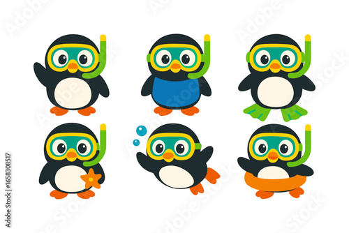 Cute penguins in snorkeling gear set with colorful masks and fins