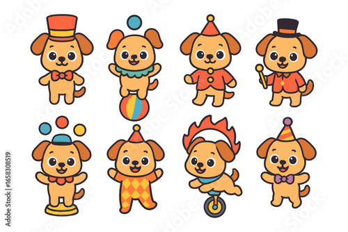 Adorable circus puppies in cute costumes performing playful acts