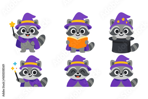 Cute raccoon wizard collection with magical hats and wands in flat style