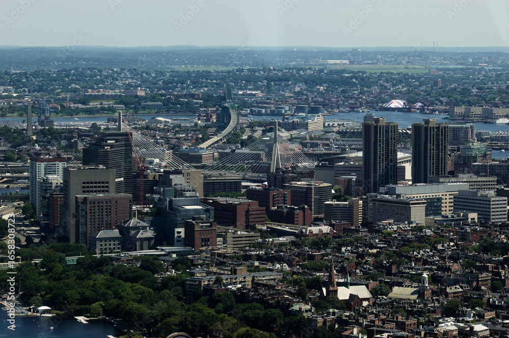 Fototapeta premium Enjoy aerial view of Boston showcasing modern skyscrapers alongside historic buildings, with Zakim Bunker Hill Bridge and Charles River flowing through lush urban environment. Cityscape includes