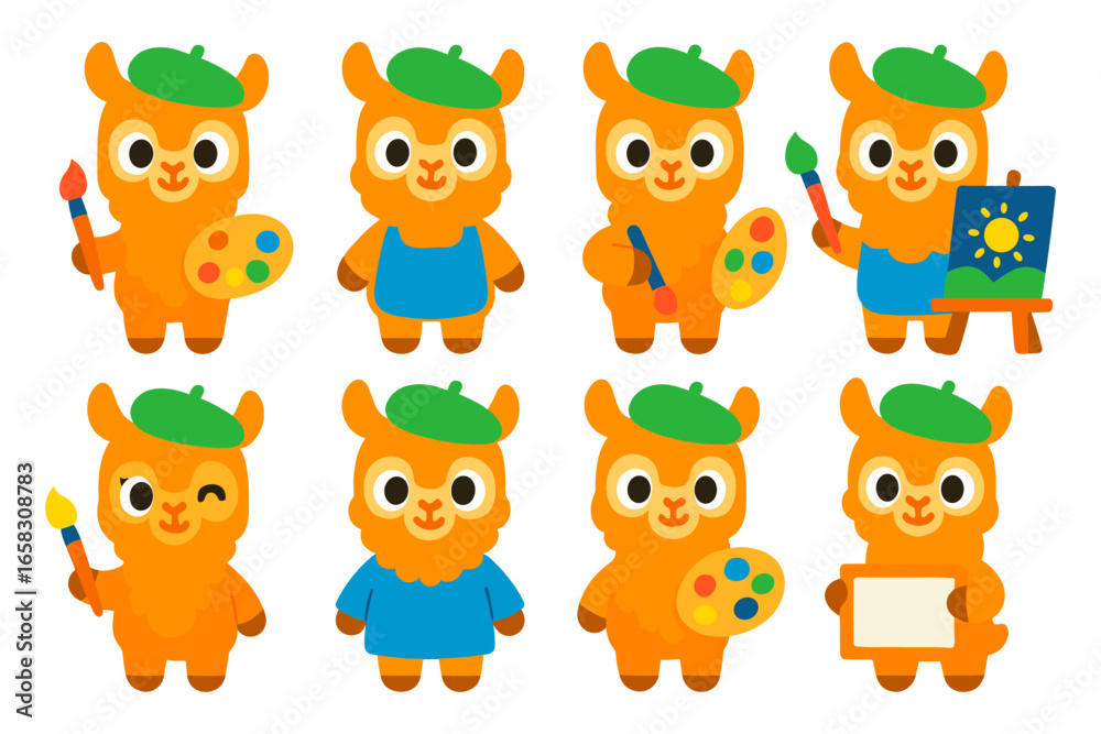 Fototapeta premium Adorable cartoon llama characters with art supplies in flat style