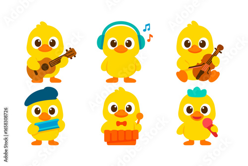 Cute cartoon chicks enjoy making music with instruments
