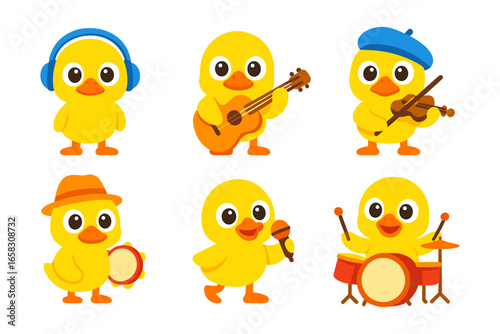 Cute cartoon ducks playing musical instruments in a fun and colorful design