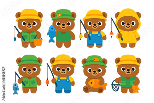 Cute cartoon bears in fishing attire with equipment set for kids
