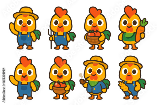 Cute cartoon chickens in farmer outfits holding vegetables and tools