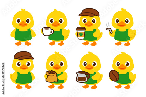 Cute cartoon ducks as baristas enjoying coffee and serving with adorable style