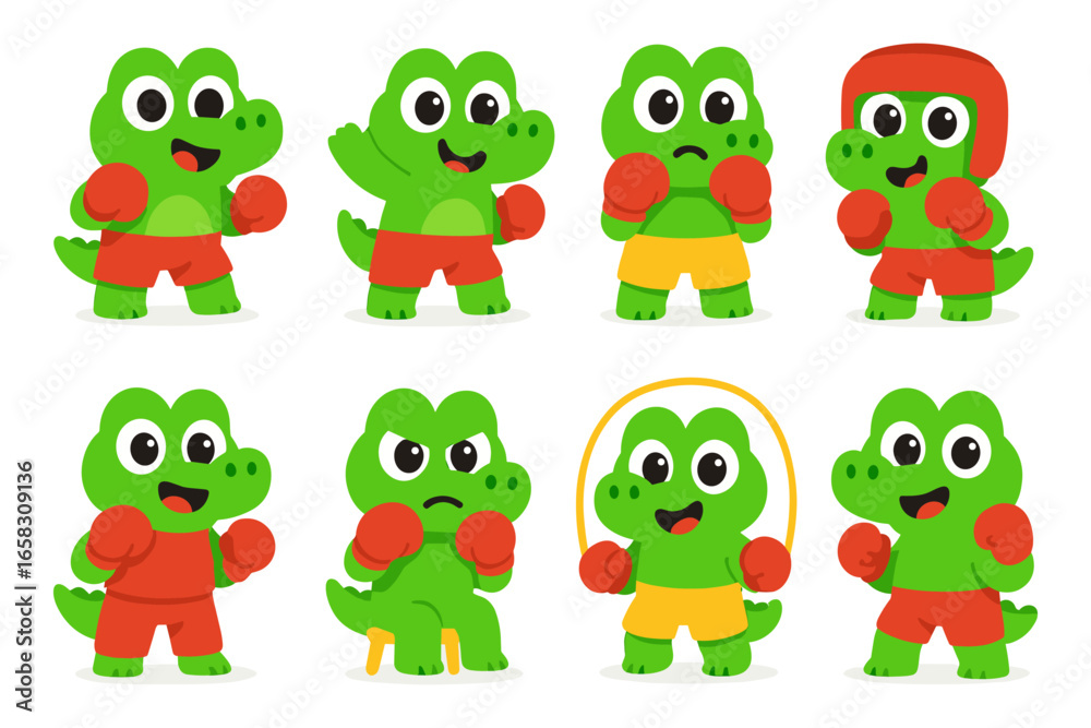 Obraz premium Cartoon crocodile characters in boxing poses with sports attire