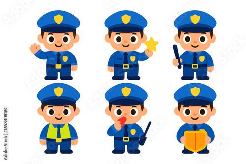 Cute cartoon police officers set with various poses and accessories