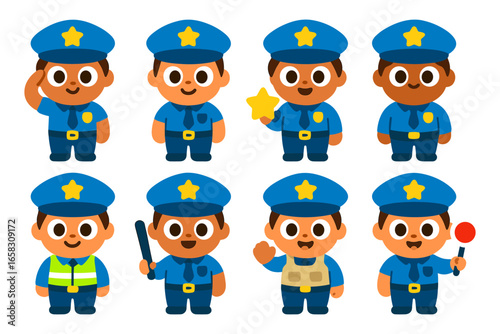Diverse cartoon police characters in uniform with accessories