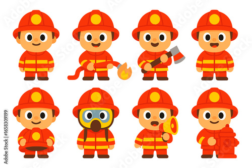 Cute cartoon firefighters in various action poses with equipment