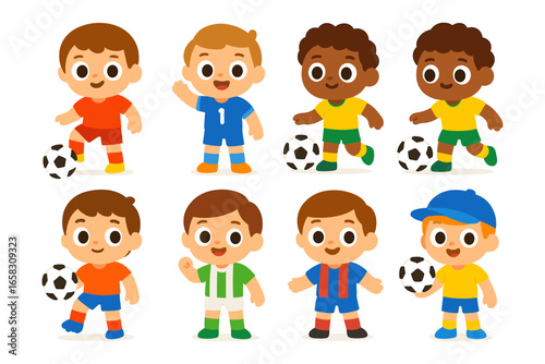 Diverse cartoon kids playing soccer in colorful uniforms