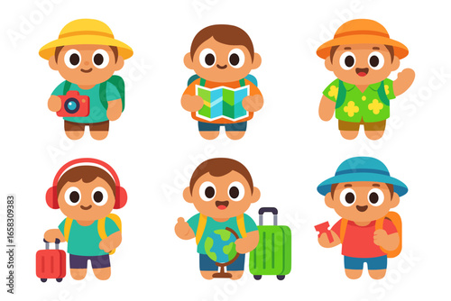 Cute cartoon travelers with maps and luggage in various outfits and accessories