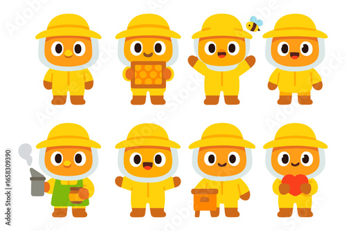 Cute cartoon beekeeper characters in yellow suits with bee themed accessories