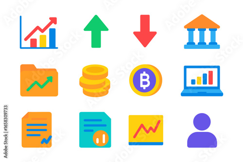 Colorful economic and cryptocurrency icon set with flat design