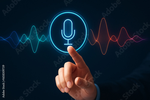 Touching microphone voice recognition ai assistant sound wave audio recording technology concept