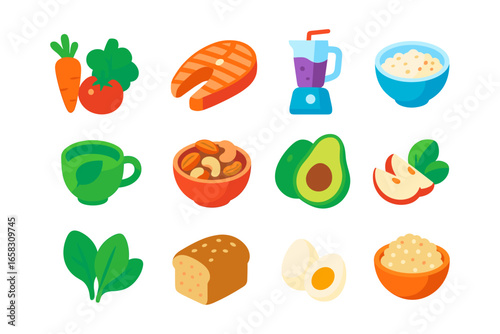 Healthy food icons: flat design of fruits, vegetables, and grains
