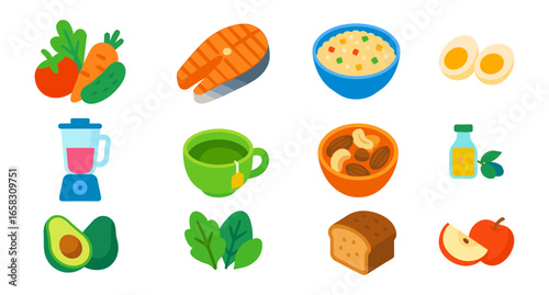 Colorful healthy food icons featuring vegetables, protein, and drinks