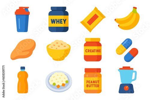 Essential fitness supplements and foods in flat design