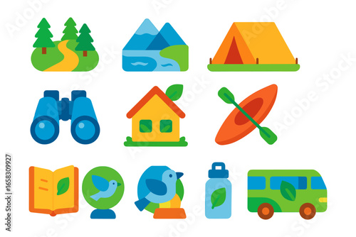 Colorful flat design camping and outdoor activity icons set