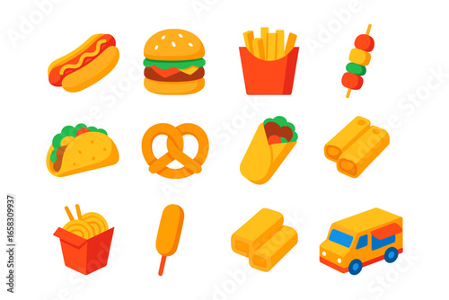 Colorful fast food icons set featuring burgers, fries, and more delicious snacks