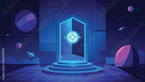 An illuminated open door showcases the word opportunity, signifying a welcoming entrance to new ventures and growth..eps