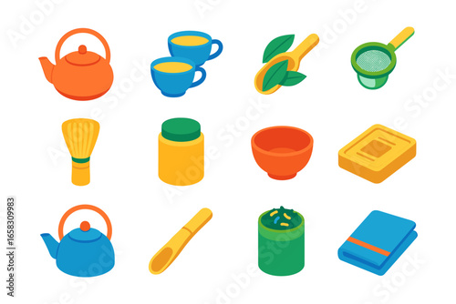 Colorful tea set with accessories in isometric style on white background