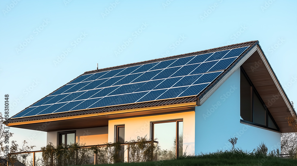 Fototapeta premium Solar panel installation on house roof for renewable energy generation
