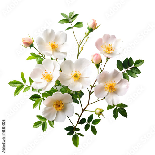 Pink and white wild roses with green leaves isolated on transparent background
