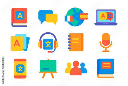 Language learning icons set featuring modern communication and education elements
