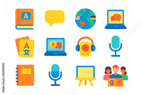 Colorful language learning icons: technology, communication, education, translation, global connection