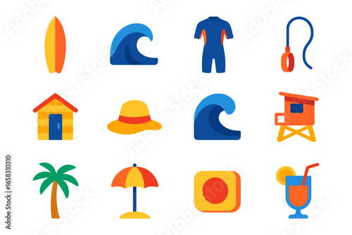 Colorful summer beach icons with surfboards, waves, and lifeguard elements
