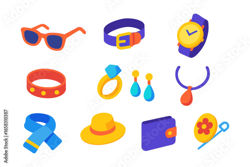 Colorful isometric accessories collection featuring stylish jewelry and fashion items