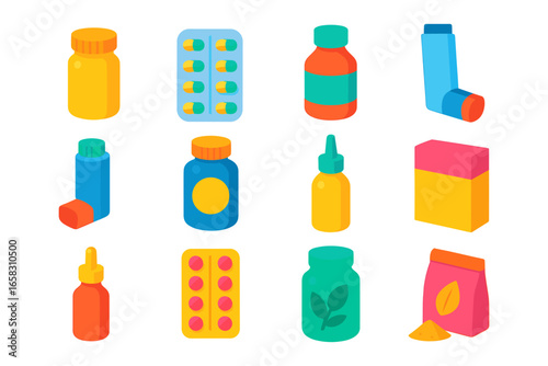 Colorful medicine icons featuring assorted bottles, tablets, and inhalers in flat design style