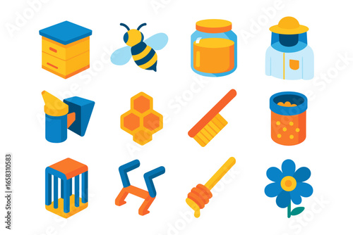 Beekeeping icons: whimsical isometric set featuring honey, bees, and tools