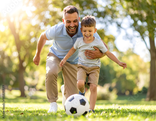 A father and son joyfully playing soccer in a sunny park. They have smiles on their faces as the son kicks the soccer ball with his father watching over him.
